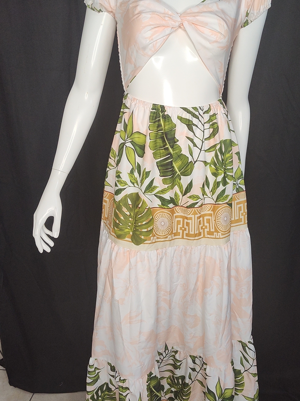 Tropical Print Maxi Skirt Dress in Green Cream Twisted Knot Top